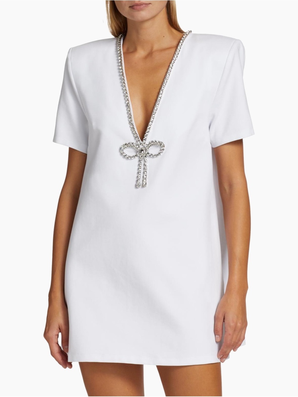 AREA White Mini Dress with Crystal Bow Trim